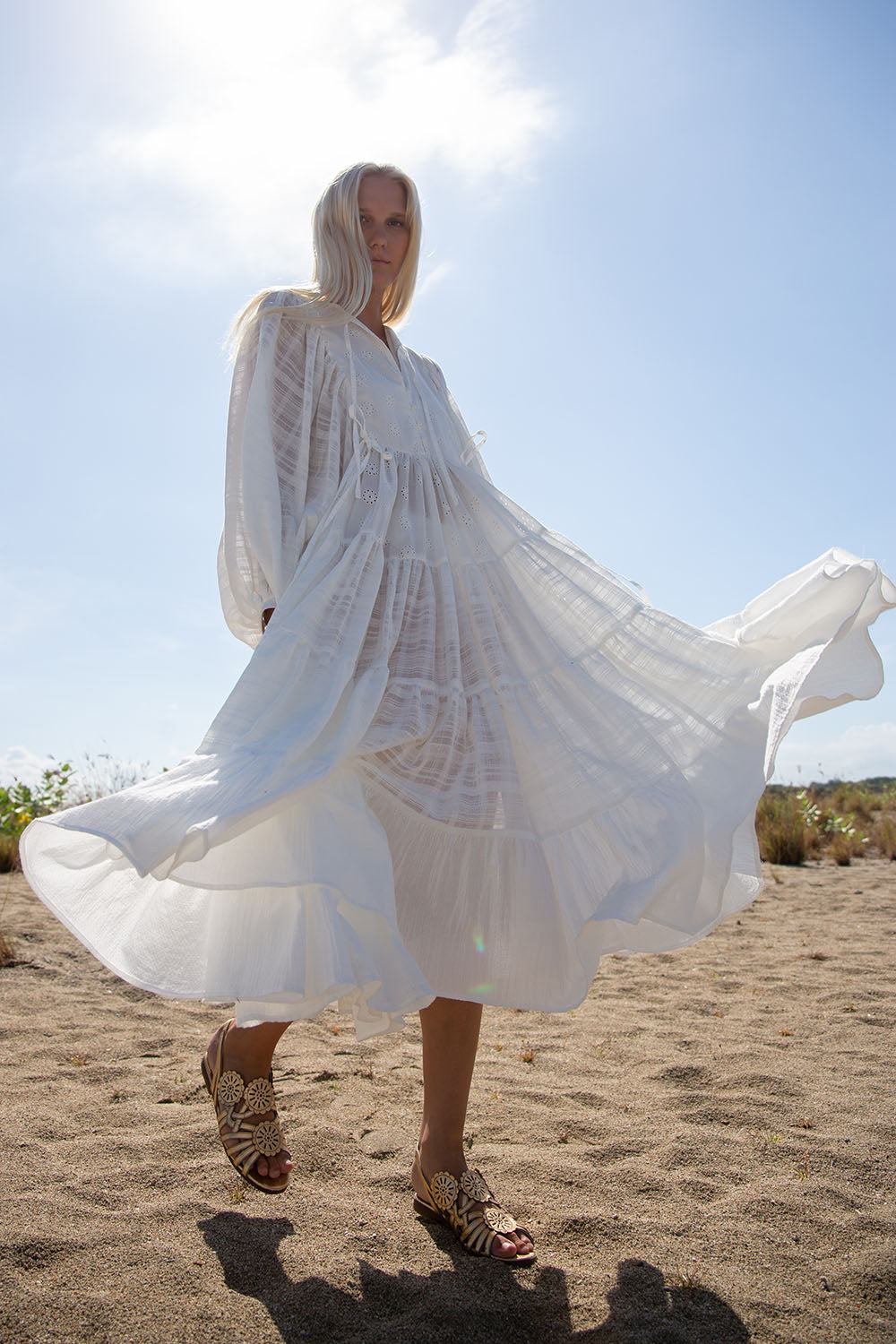 PANDORA MIXED EYELET OFF WHITE MIDI DRESS
