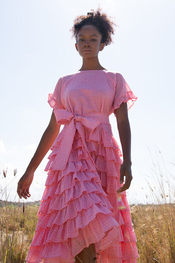 DOMINIQUE RUFFLE RANDOM DOT BABY PINK MIDI DRESS