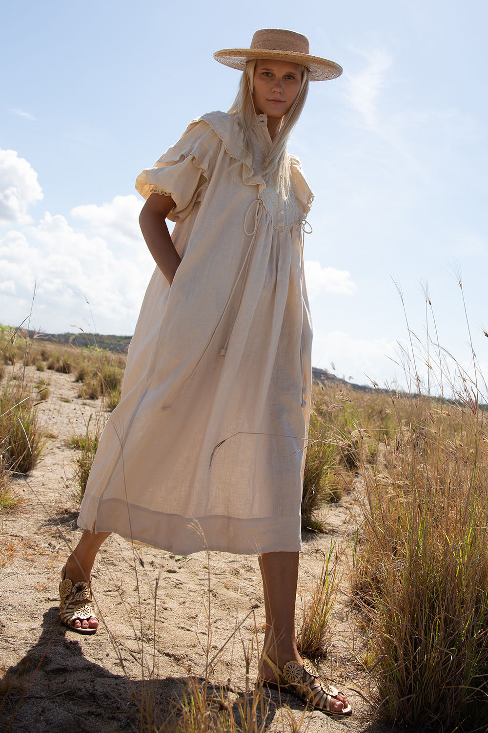 CINNABAR LINEN NUDE MIDI DRESS