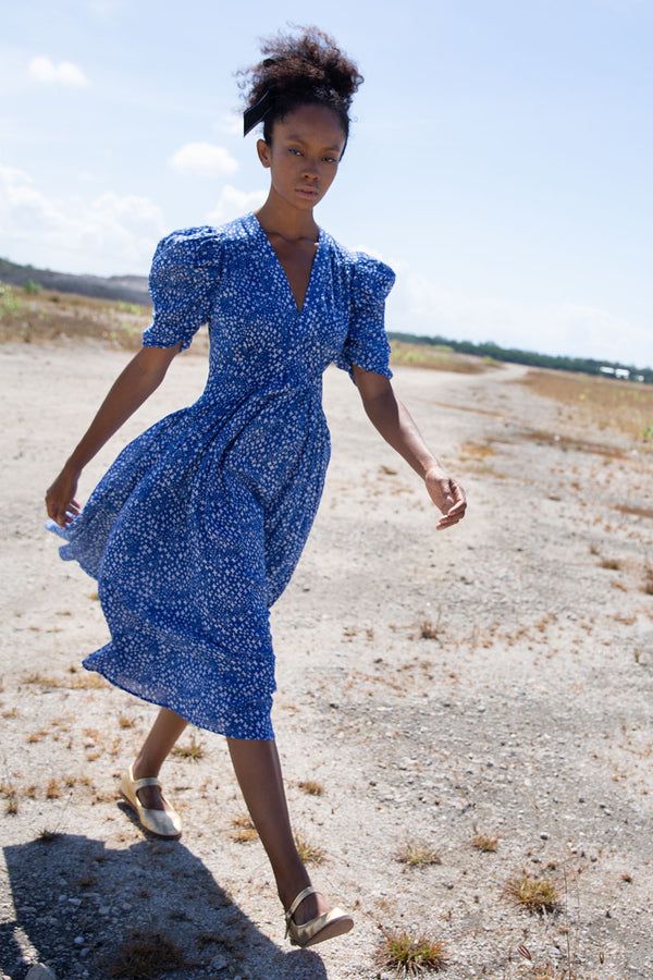 QARA CROSS DOT INDIGO MIDI DRESS