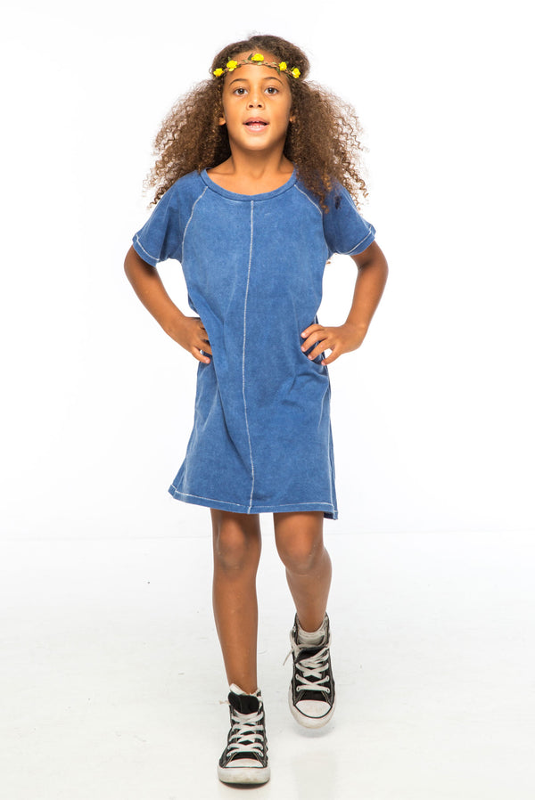 WHITE STITCHING PANEL T DRESS NAVY - Zuttion