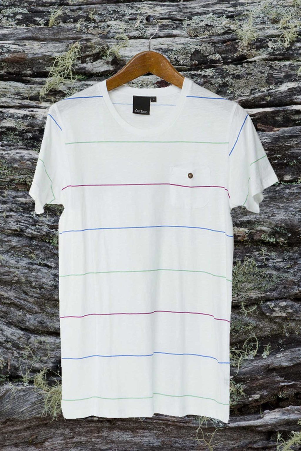 THREE SMALL STRIPE ROUND NECK T WHITE - Zuttion